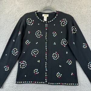 Vintage Talbots Embroidered Cardigan Small 90s Black Sweater Floral Allover